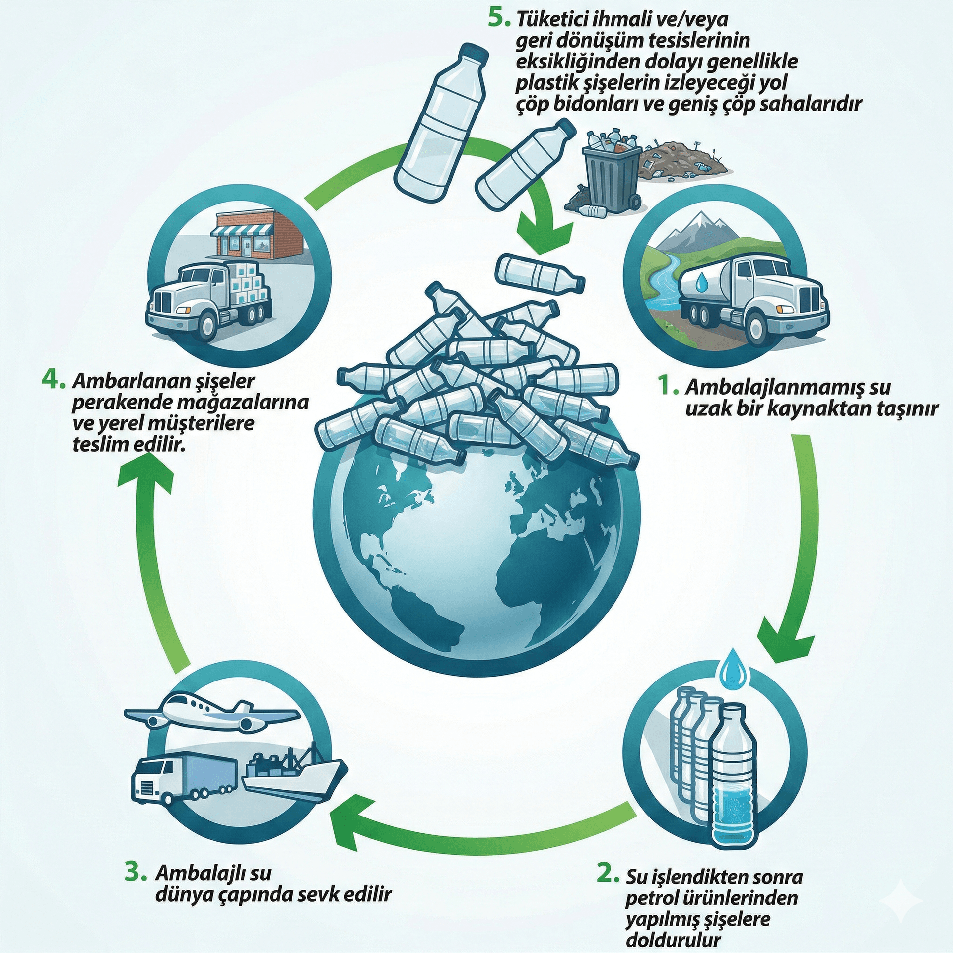 Plastik şişelerin çevreye etkisini gösteren döngüyü anlatan görsel