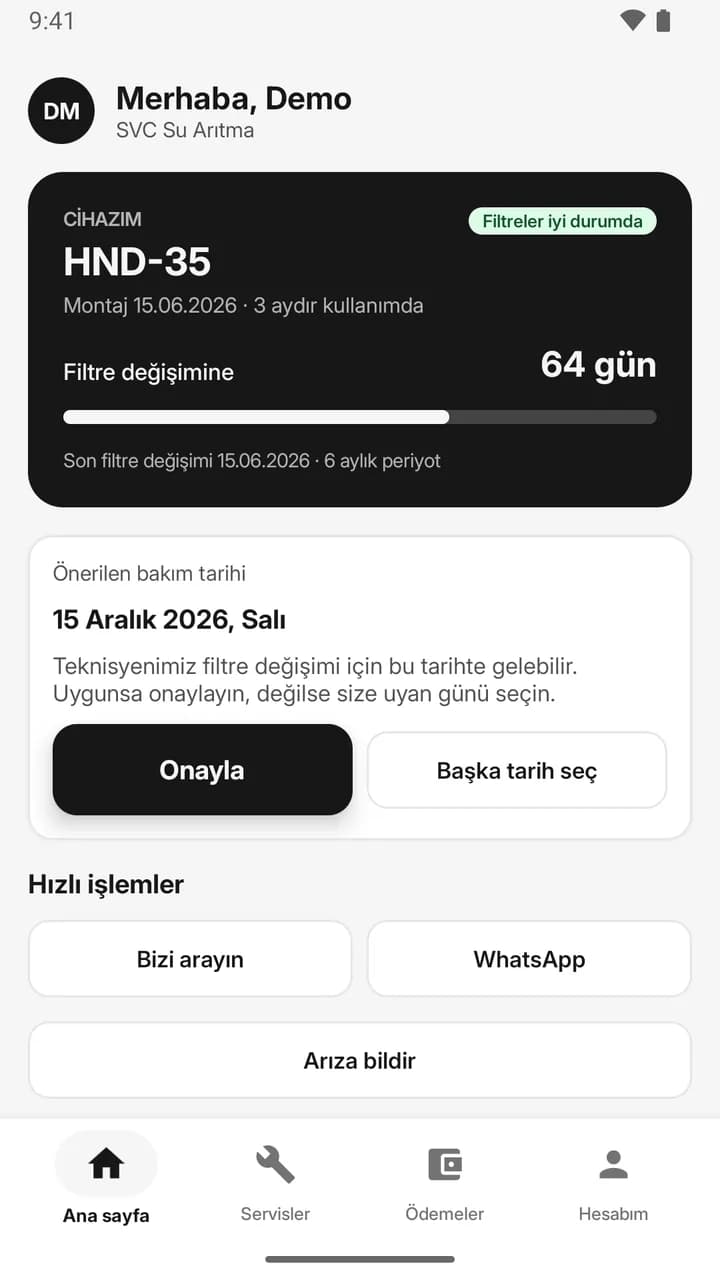 Uygulama ana sayfası: cihaz kartı, filtre değişimine kalan gün ve önerilen bakım tarihi