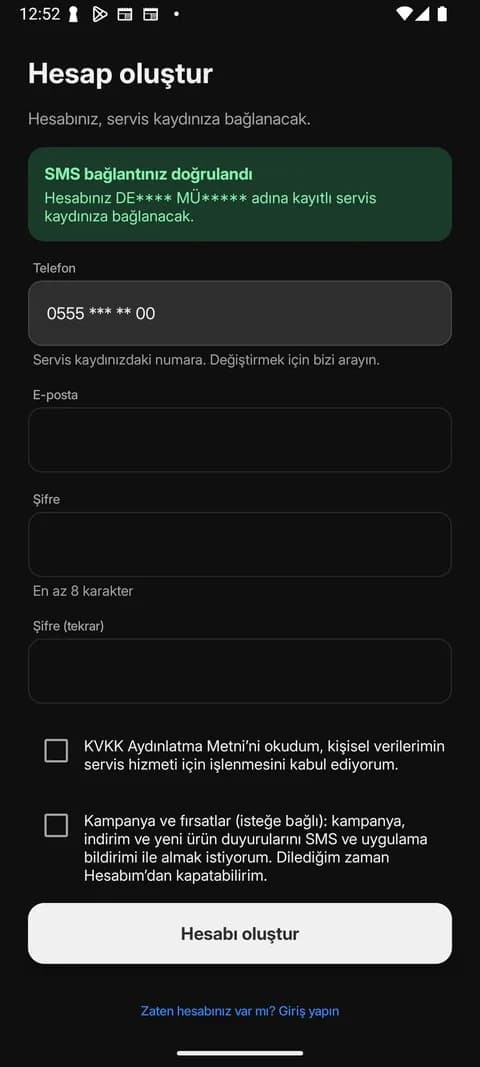 Hesap oluştur ekranı: SMS bağlantınız doğrulandı bandı, maskeli telefon, e-posta ve şifre alanları, KVKK onayı