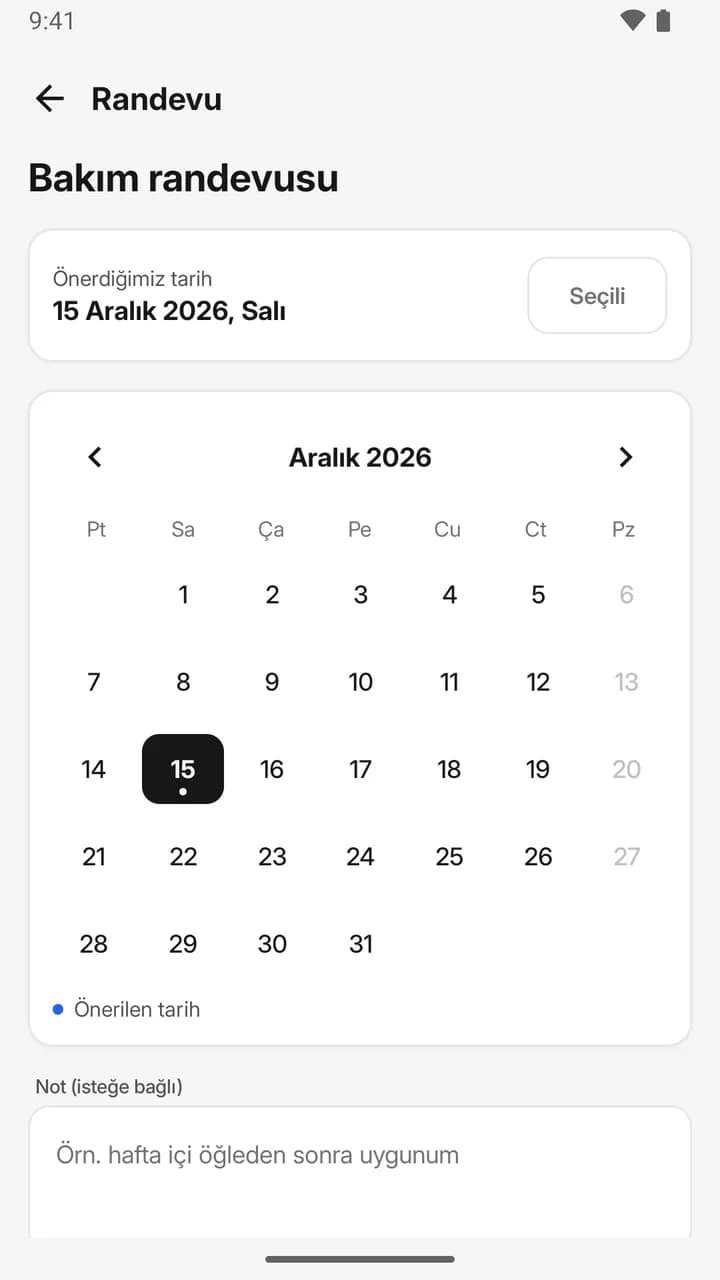 Randevu ekranı: önerilen tarih 15 Aralık 2026 ve Aralık takvimi