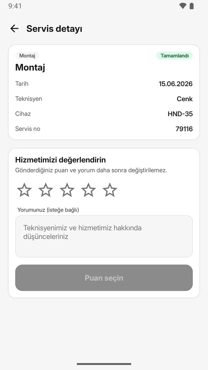 Servis detayı ekranı: montaj kaydı, teknisyen adı, servis numarası ve hizmet değerlendirme yıldızları