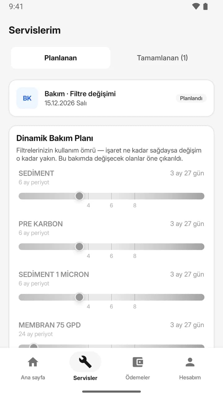 Servislerim ekranı: planlanan filtre değişimi ve filtre bazında dinamik bakım planı